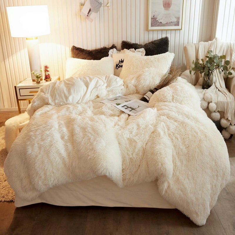 XeGe Plush Shaggy Duvet Cover Set  Luxury Ultra Soft Crystal Velvet Fluffy Bedding Sets 2 Pieces(1 Faux Fur Furry Comforter Cover + 1 Fuzzy Faux Fur Pillowcase)  Zipper Closure(Twin  Light Beige) - Image 1
